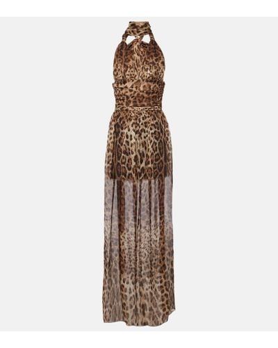 Dolce & Gabbana Robe longue imprimee en soie - Marron
