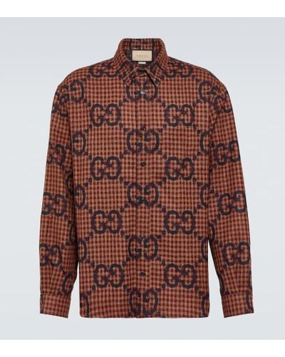 Gucci Camisa de lana a cuadros con Maxi GG - Rojo