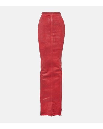 Rick Owens Dirt Pillar Coated Denim Maxi Skirt - Red