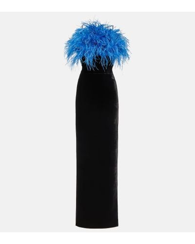 Rasario Vestido de fiesta con ribete de plumas - Azul