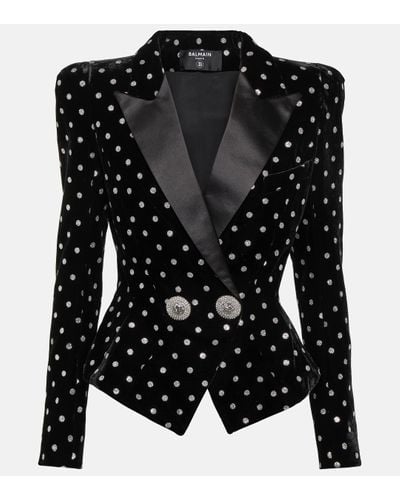 Balmain Satin-trimmed Button-embellished Polka-dot Glittered Velvet Blazer - Black