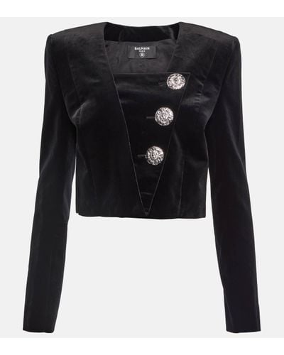Balmain Embellished Cropped Velvet Blazer - Black