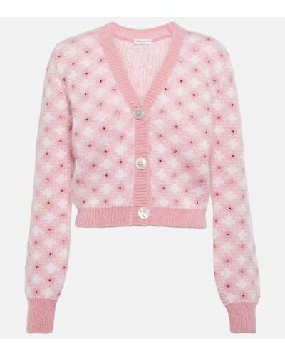 Alessandra Rich Cropped Embellished Checked Cardigan - Pink