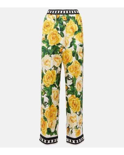 Dolce & Gabbana Floral High-rise Silk Wide-leg Trousers - Yellow