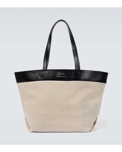 Ami Paris Canvas Leather-trimmed Tote Bag - White