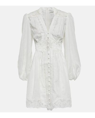 Zimmermann Vestido corto August de lino con encaje - Blanco