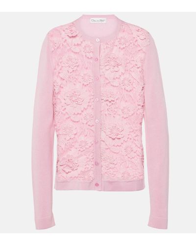 Oscar de la Renta Floral Lace-trimmed Silk-blend Cardigan - Pink