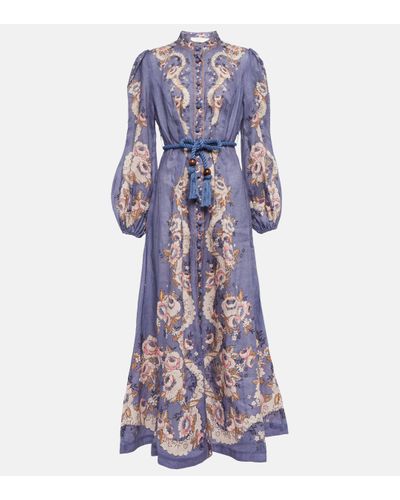Zimmermann Vitali Abstract-print Mandarin-collar Linen Maxi Dress - Purple