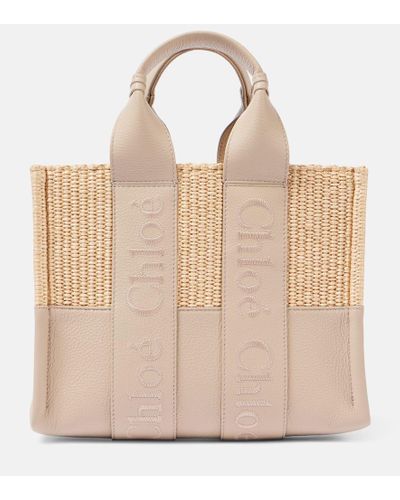Chloé Tote Woody Small mit Leder - Natur