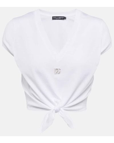 Dolce & Gabbana T-Shirt Aus Jersey Mit Knoten Und Dg-Logo - Weiß