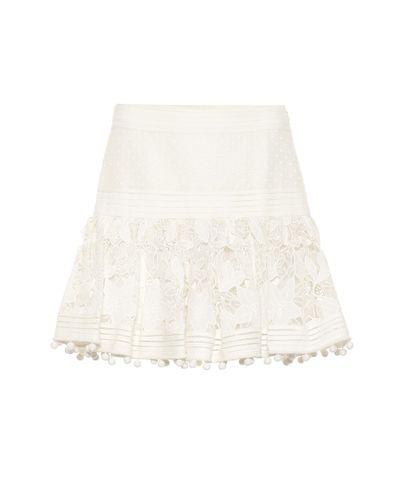 Zimmermann Corsage Pompom-embellished Guipure Lace And Swiss Dot-tulle Mini Skirt - White