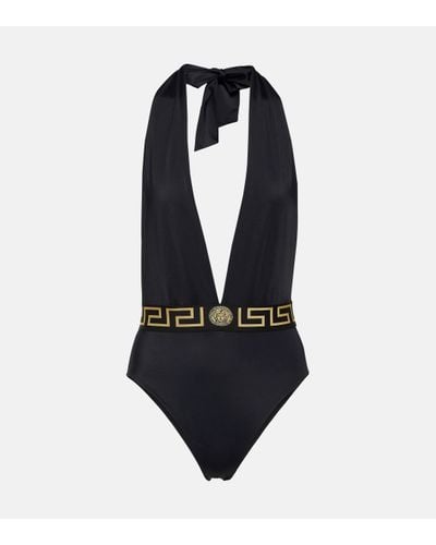 Versace Greca One-Piece Swimsuit With V-Neck - Black