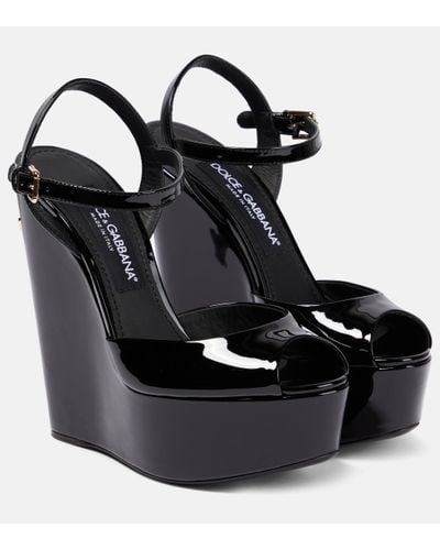 Dolce & Gabbana Logo Patent Platform Wedge Sandal - Black