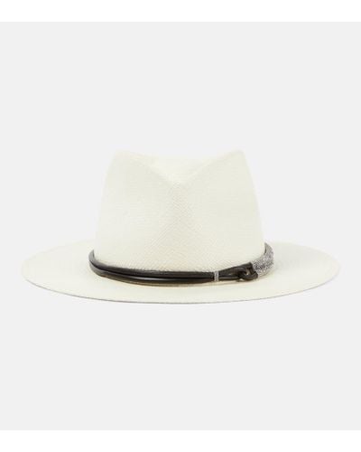 Brunello Cucinelli Fedora-Hut aus Stroh mit Leder - Weiß