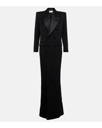 Saint Laurent Tuxedo Wool Grain De Poudre Gown - Black