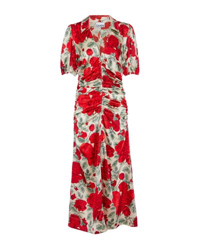 Ganni Floral Stretch-silk Midi Dress in Red - Lyst