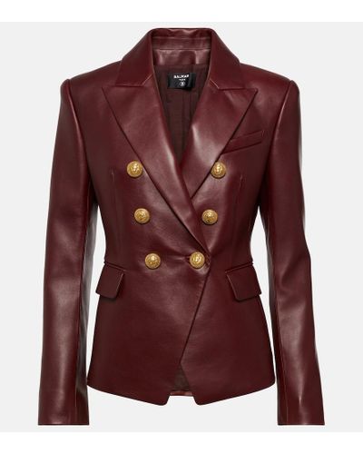 Balmain Double-Breasted Leather Blazer Jacket Giacche Bordeaux - Marrone