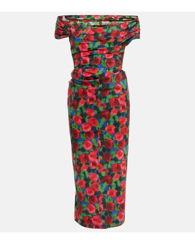 Carolina Herrera Robe midi en coton melange a fleurs - Rouge