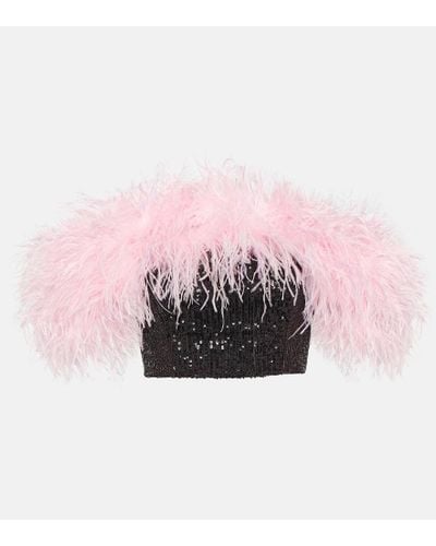 Self-Portrait Feather-trimmed Sequined Crop Top - Pink