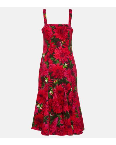 Oscar de la Renta Floral Cotton-blend Poplin Midi Dress - Red