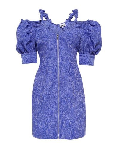 Ganni Jacquard Puff-sleeve Minidress - Blue