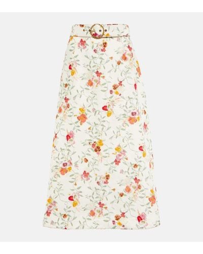 Zimmermann Belted Floral Linen Midi Skirt - White
