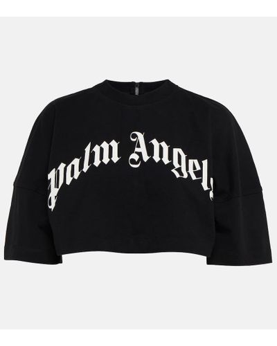 Palm Angels Curved Logo-print Cropped Cotton-jersey T-shirt - Black