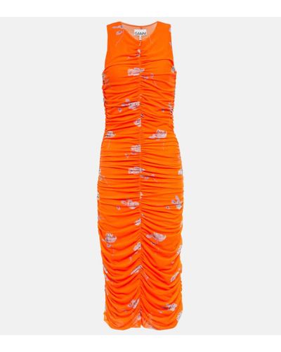 Ganni Rose-print Ruched Mesh Dress - Orange