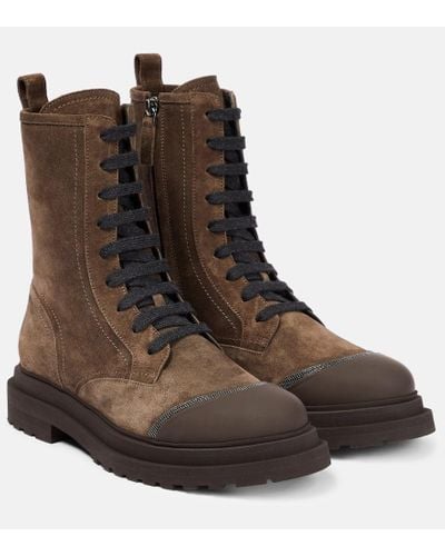 Brunello Cucinelli Verzierte Schnuerstiefel aus Veloursleder - Braun