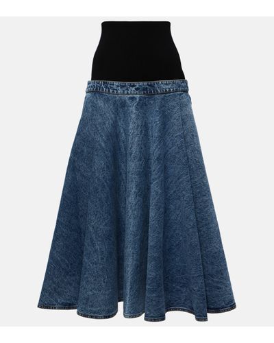 Alaïa Denim And Cotton Jersey Midi Skirt - Blue