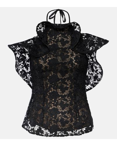 Oscar de la Renta Ruffled Guipure Lace Top - Black