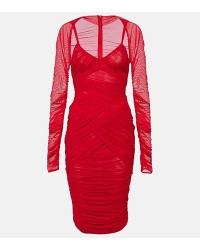 Dolce & Gabbana Draped Tulle Midi Dress - Red