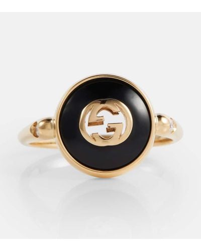 Gucci Interlocking G 18kt Gold Ring With Onyx And White Diamonds - Black