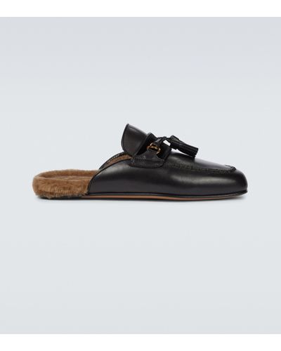 Tom Ford Leather Shearling Slippers in Black for Men - Lyst