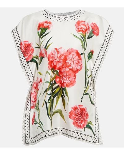 Dolce & Gabbana Floral Oversized Silk Top - Red