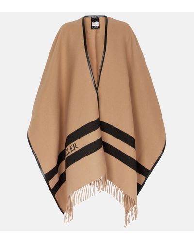 Moncler Striped Wool Logo Cape - Natural