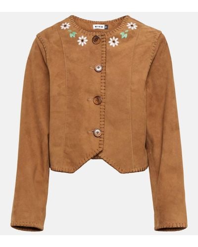 RIXO London Marianne Embroidered Suede Jacket - Brown