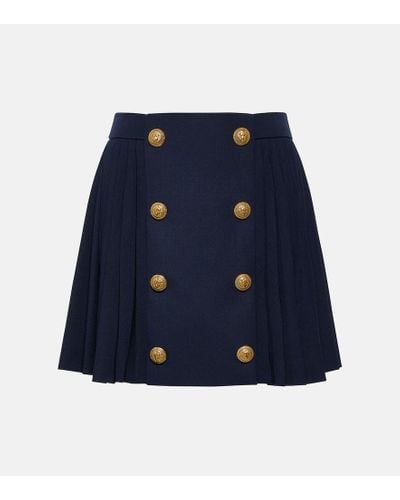 Balmain Pleated Virgin Wool Miniskirt - Blue