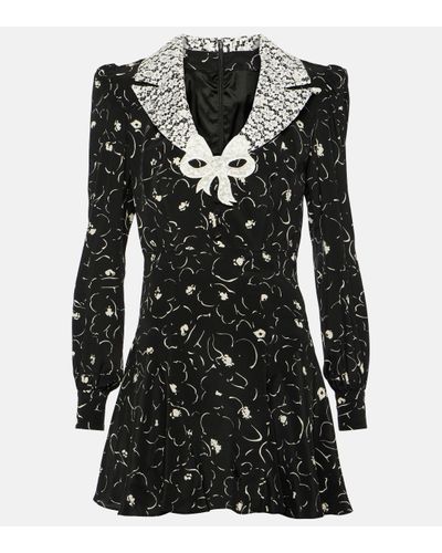 Alessandra Rich Robe en soie et dentelle a fleurs - Noir