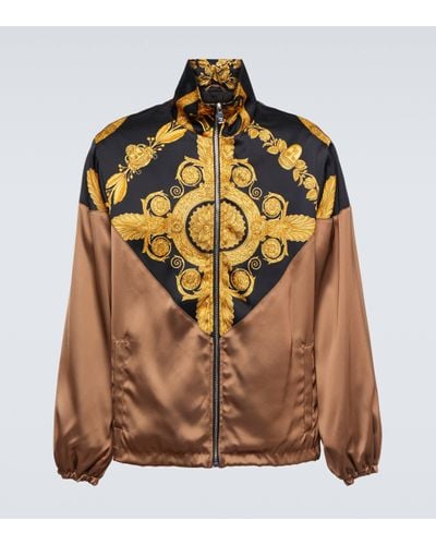 Versace High-neck Jacket With Barocco Print Insert In Viscose - Brown