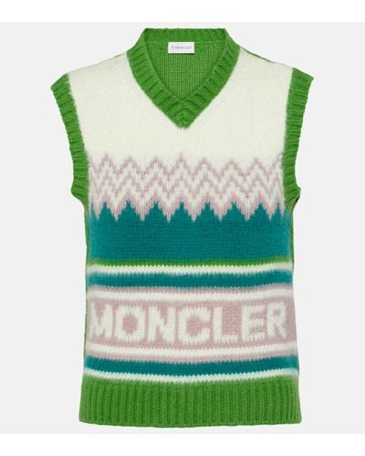 Moncler Logo-intarsia V-neck Wool Jumper Vest - Green