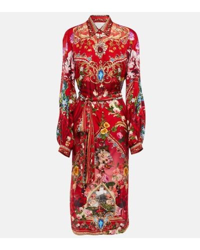 Camilla Printed Embellished Silk Midi Dress - Red