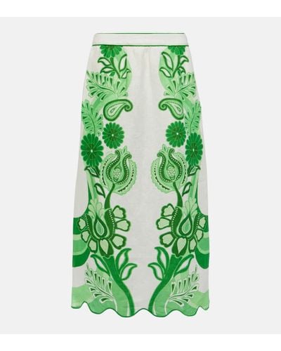 FARM Rio Color Festival Printed Linen Midi Skirt - Green