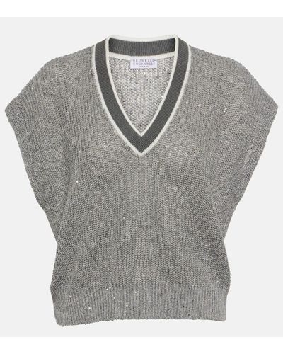Brunello Cucinelli Linen-blend Sweater Vest - Gray