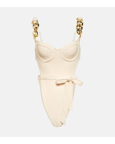 SAME Chain-detail Faux-suede Swimsuit - Natural