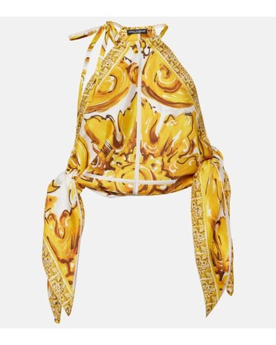 Dolce & Gabbana Majolica Silk Satin Top - Yellow