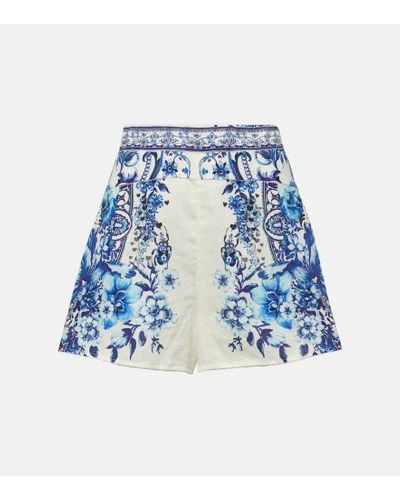 Camilla Bedruckte High-Rise-Shorts aus Leinen - Blau