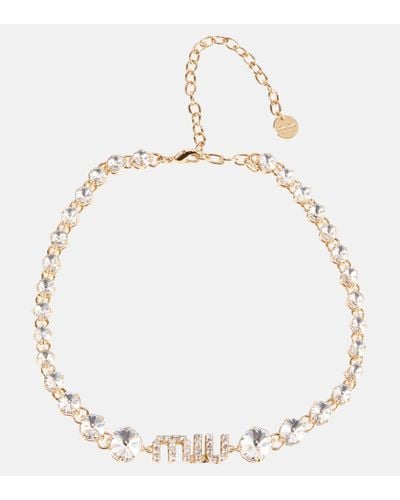 Miu Miu Logo Crystal-embellished Necklace - Natural