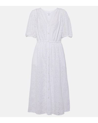 Velvet Broderie Anglaise Cotton Midi Dress - White