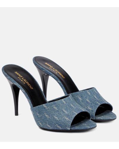 Saint Laurent La 16 Mules Aus Denim Mit Print - Blau